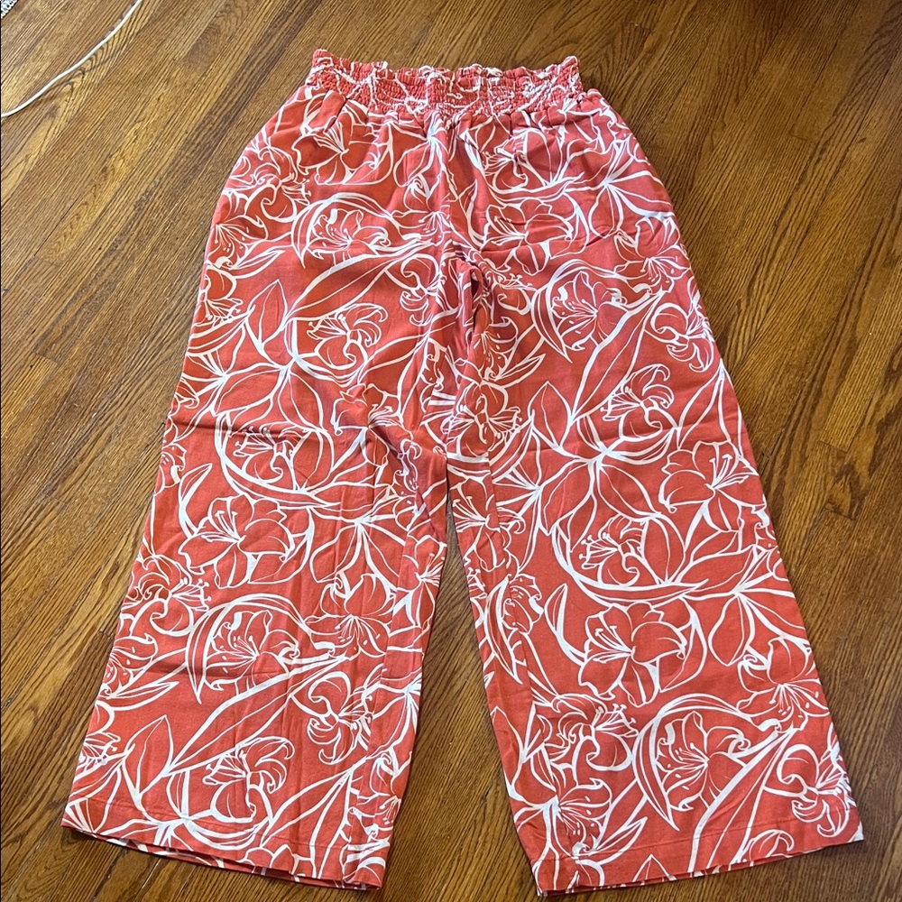 Elegant Coral Floral Wide Leg Pants